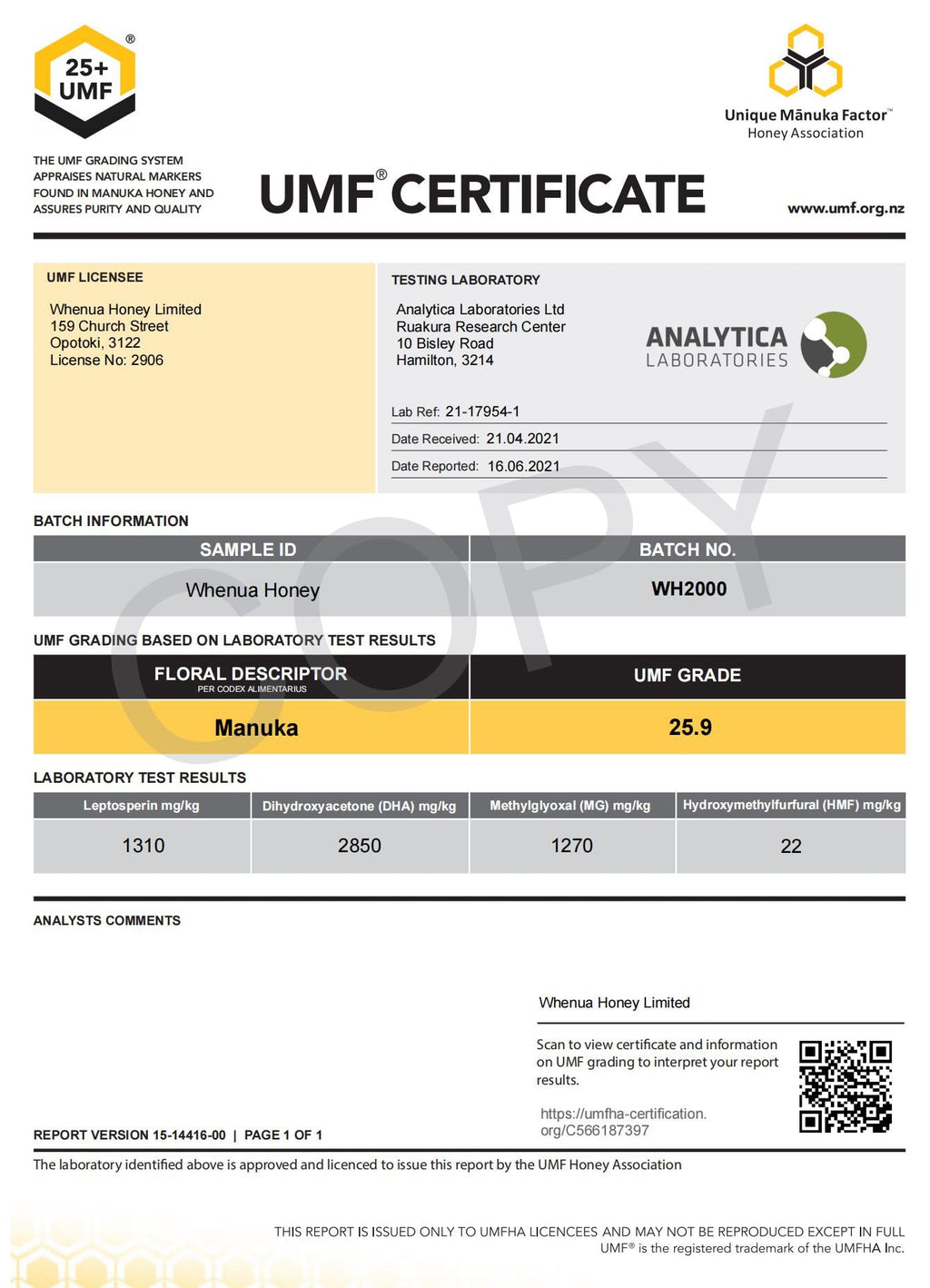 Whenua Manuka UMF 25+ 250g ( S ) (2030.01)