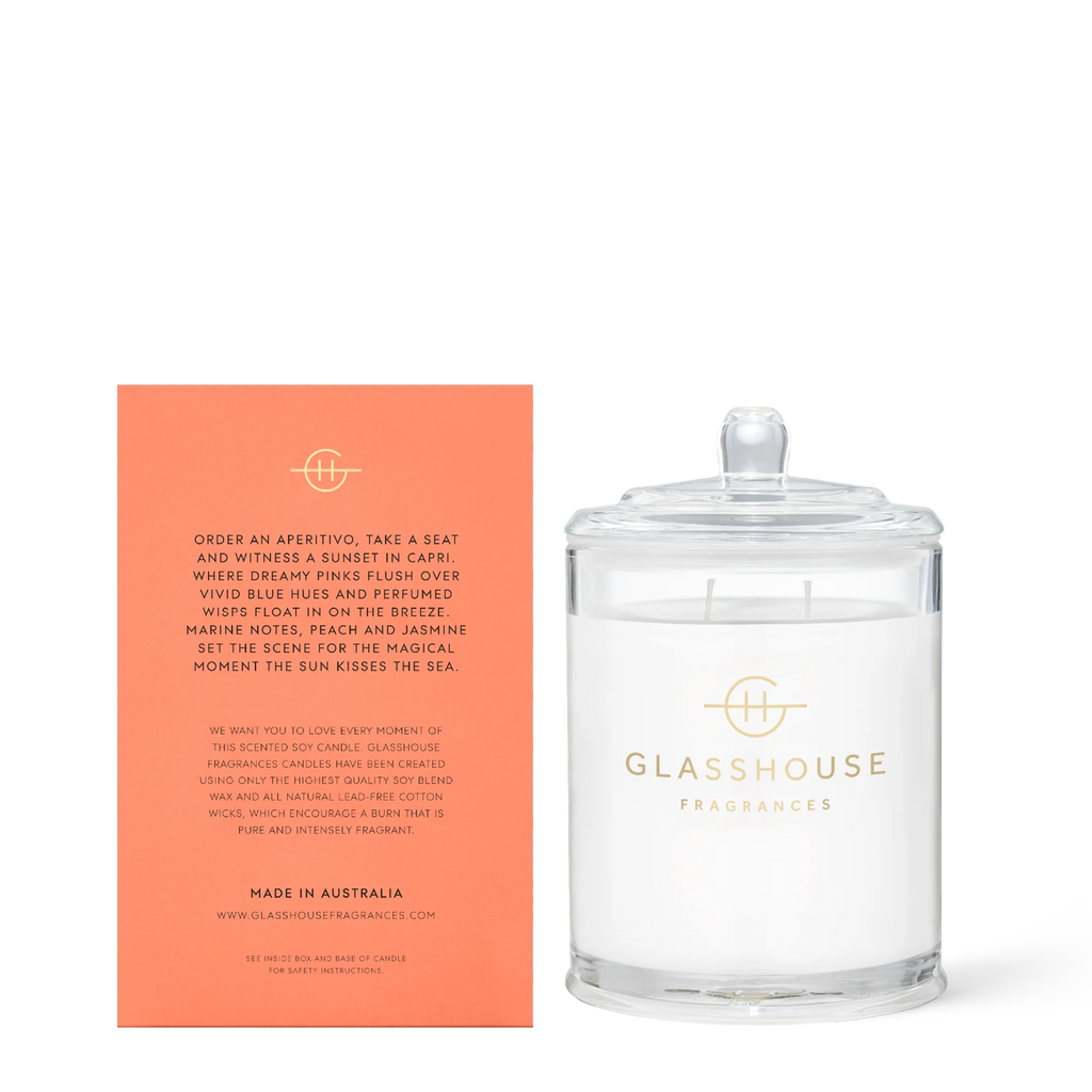 Glasshouse Sunsets in Capri Soy Candle (White Peach & Sea Breeze) 380g