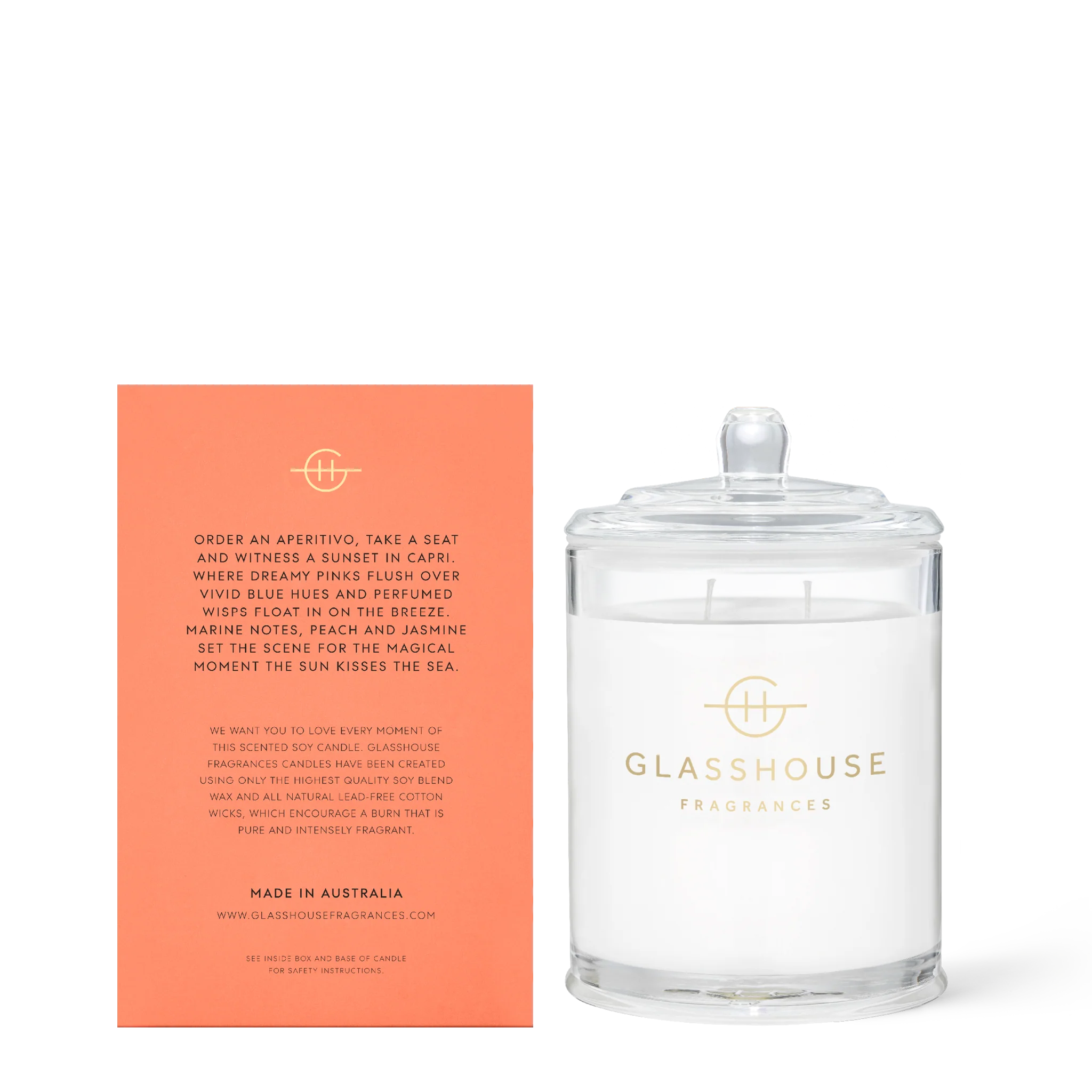 Glasshouse Sunsets in Capri Soy Candle (White Peach & Sea Breeze) 380g