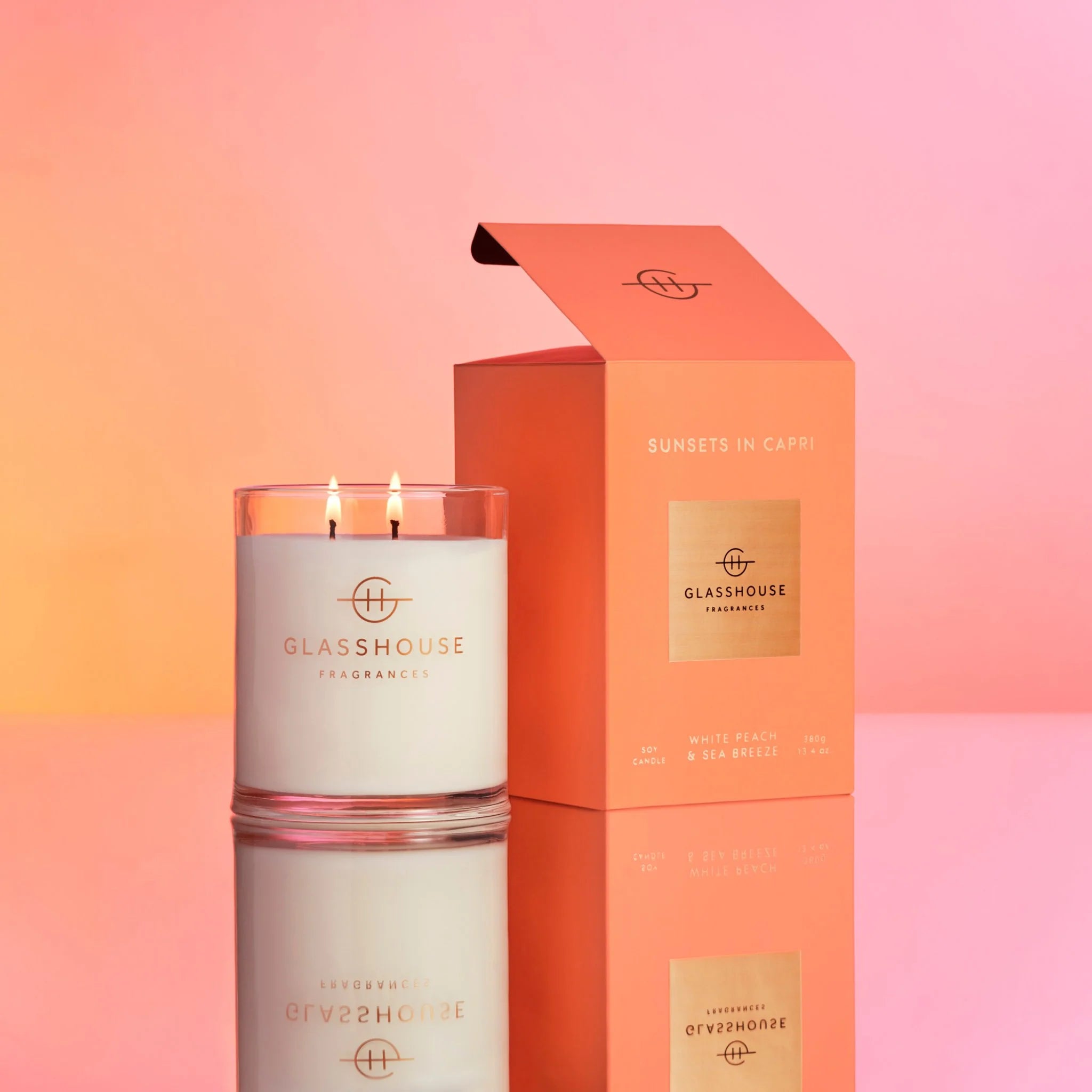 Glasshouse Sunsets in Capri Soy Candle (White Peach & Sea Breeze) 380g