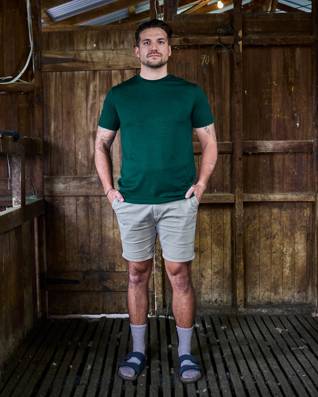 Men's Crew Short Sleeve T-shirt - 100% Merino Wool, Pine Green