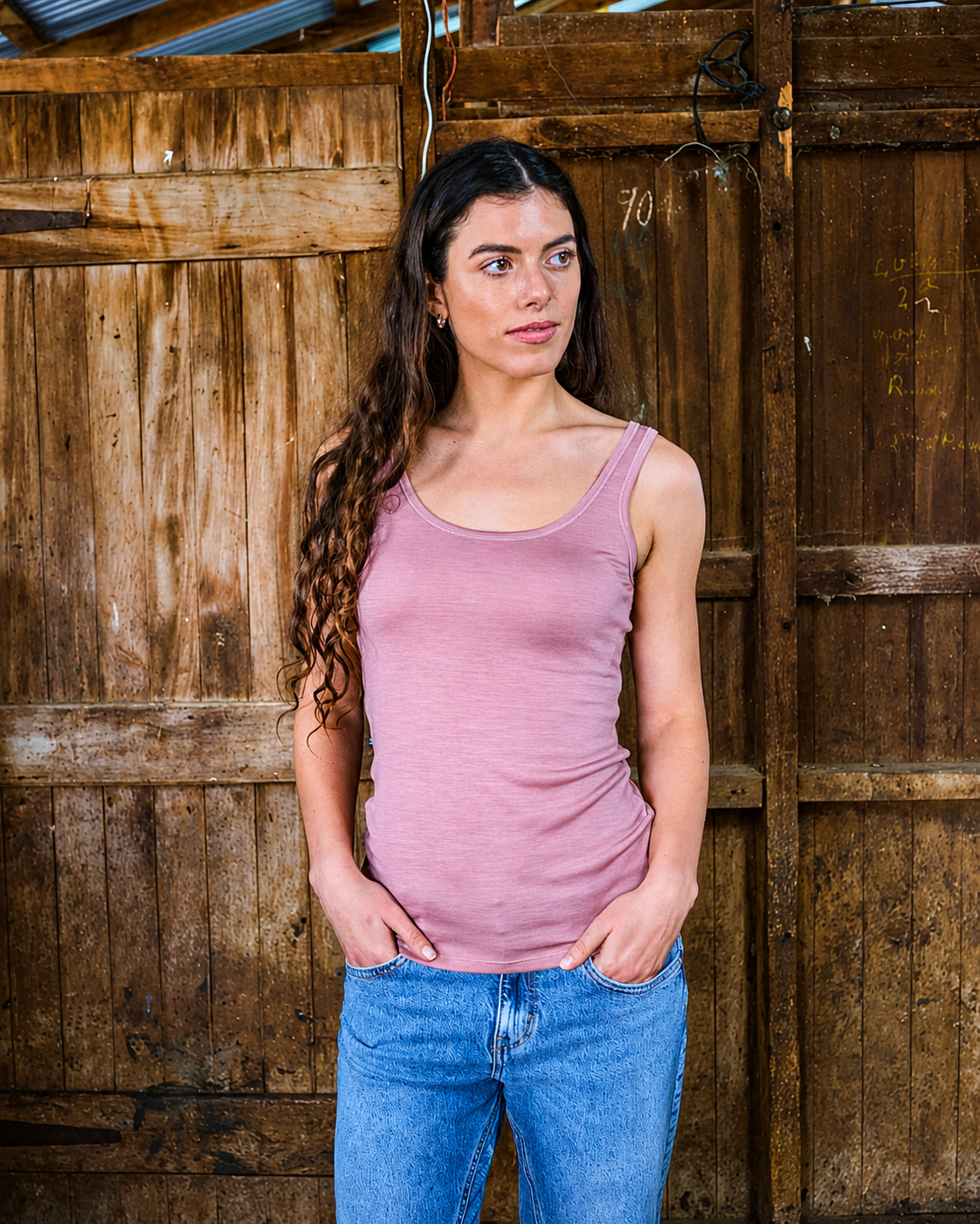 Women's Scoop Neck Tank Top - 100% Merino Wool, Rose - BraveBearFit