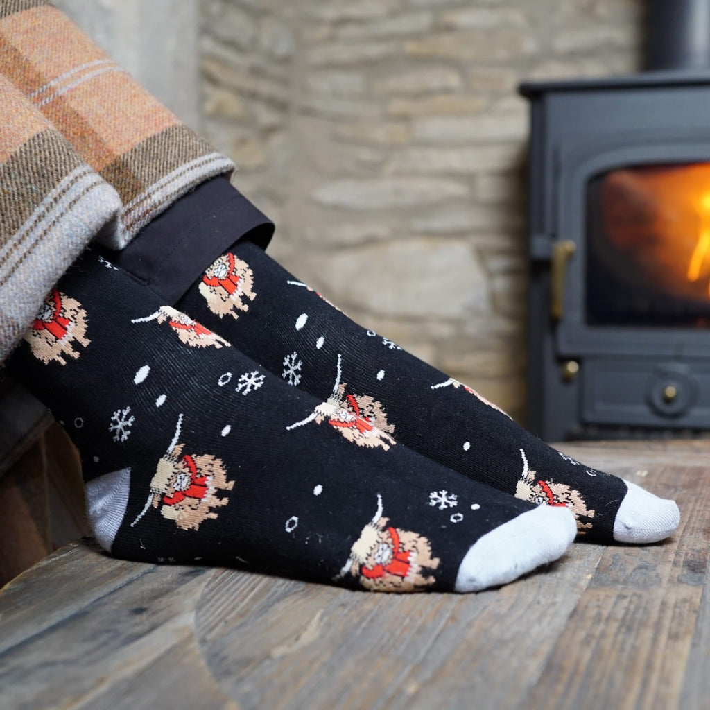 Save the Black Christmas Highland Cow Bamboo Socks - BraveBearFit